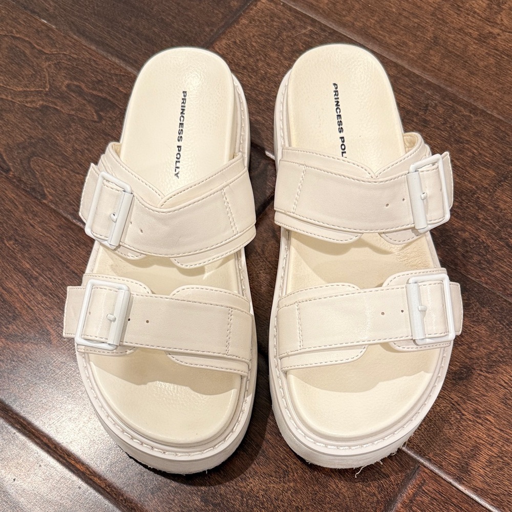 Princess Polly White Double Buckle Platform Slide Sandals